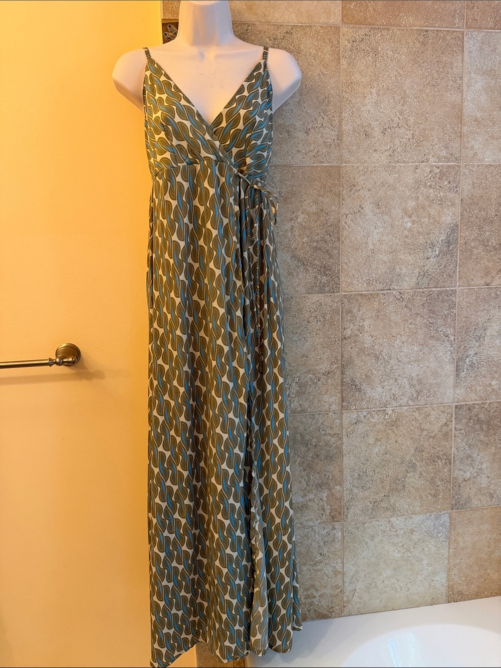 Italian Silk Blend Faux Wrap Maxi Dress in Olive & Teal Print Straps S/M